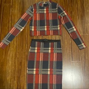 Plaid long sleeve two piece midi skirt